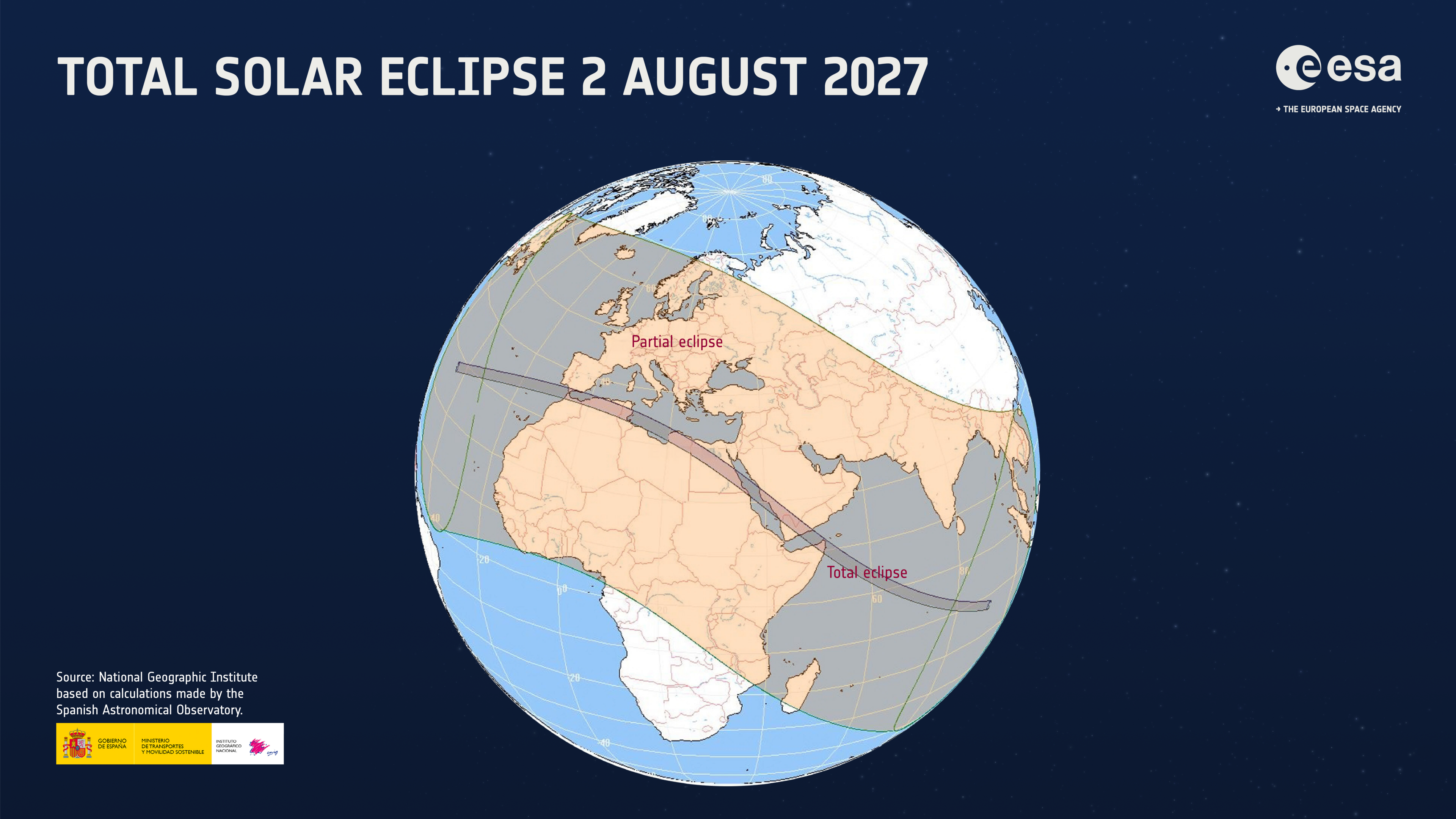 ESA-wereldkaart met het pad van de totale zonsverduistering van 2 augustus 2027 over Spanje, Noord-Afrika en het Midden-Oosten