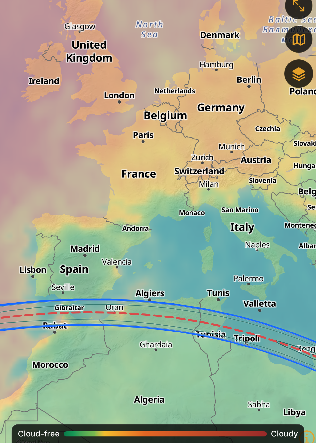 Historische bewolkingskans langs de eclipsbaan in Eclipse Navigator